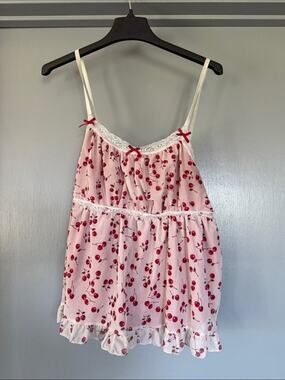Romwe Spaghetti Strap 2XL Lined Sheer Cherry Top Ruffle Lace Flirty Coquette